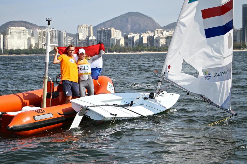 Marit Bouwmeester (NED) and coach celebrate after her Gold Medal win in the Laser Radial - Sailing Olympics © Richard Gladwell www.photosport.co.nz